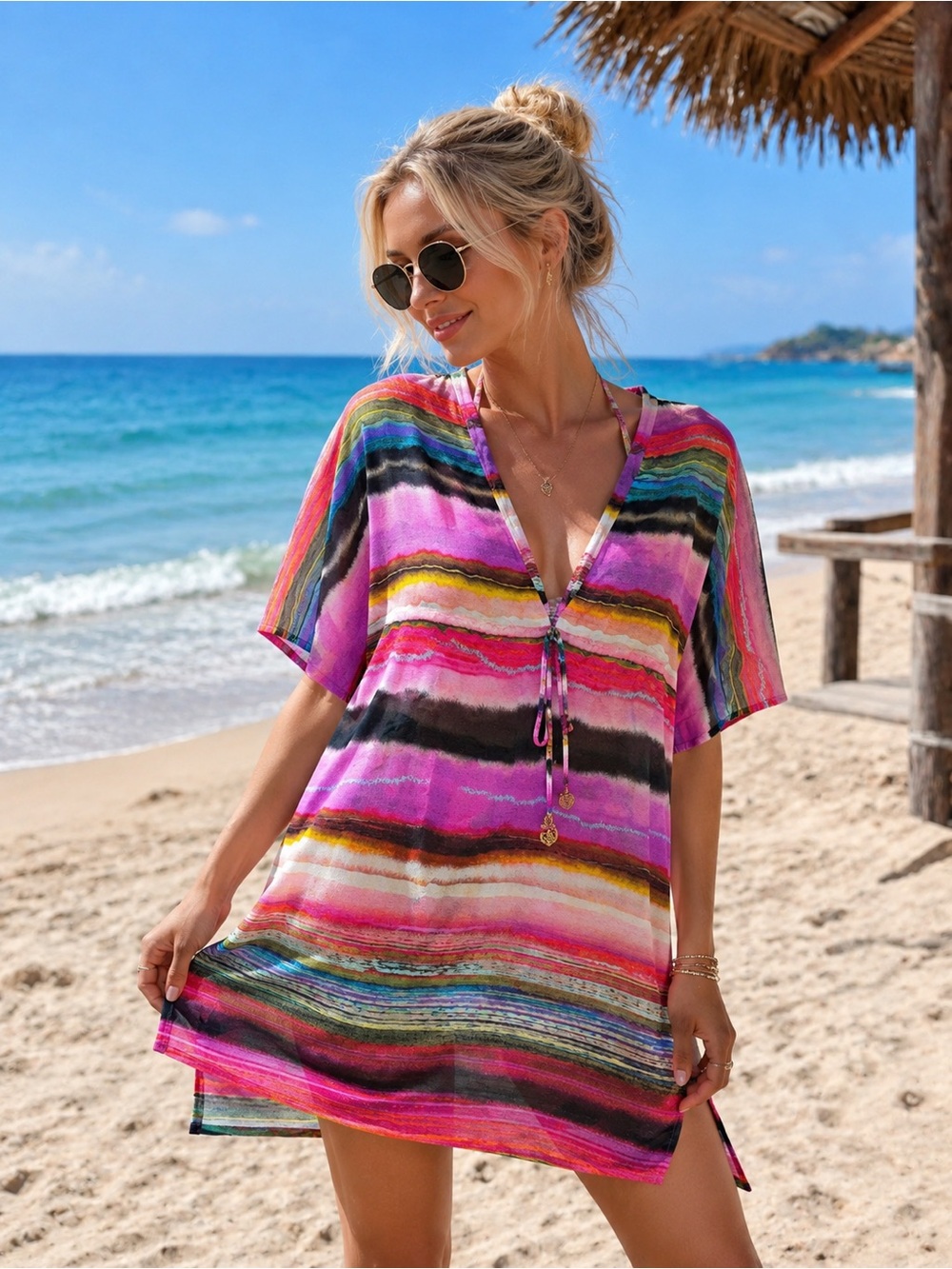LuLaRoe Pink Multicolor Striped V-Neck Swim Coverup
